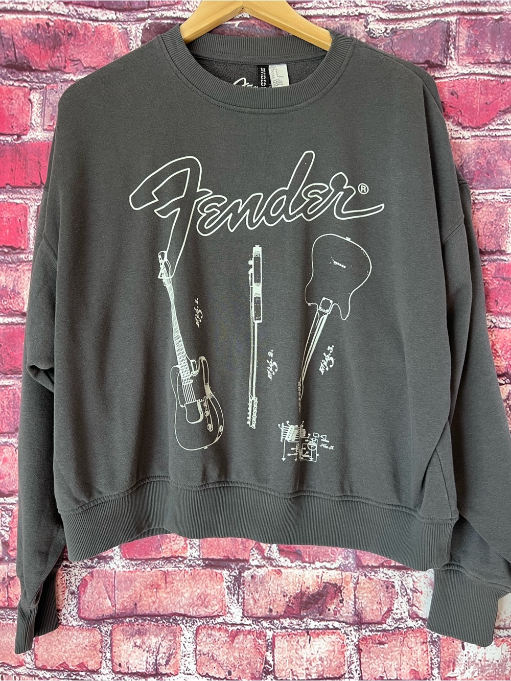 H&M Divided Fender Guitars Patent Sketch Charcoal Cropped Sweatshirt